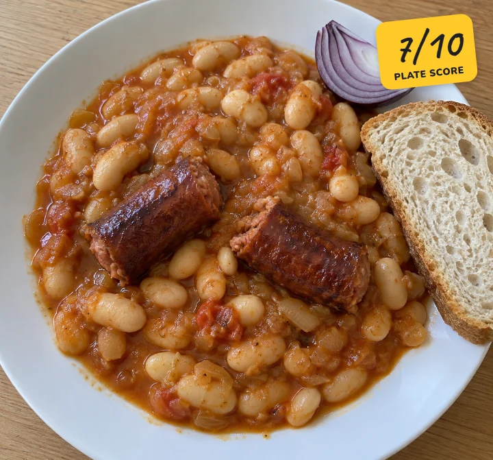 Beans with sausages, plate score 7 out of 10
