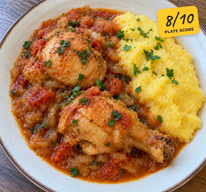 Chicken stew with polenta, plate score 8 out of 10