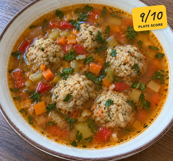 Meatball soup, plate score 9 out of 10
