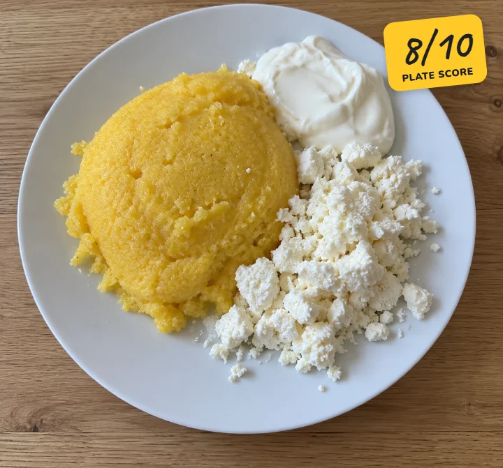 Polenta with cheese and sour cream, plate score 8 out of 10