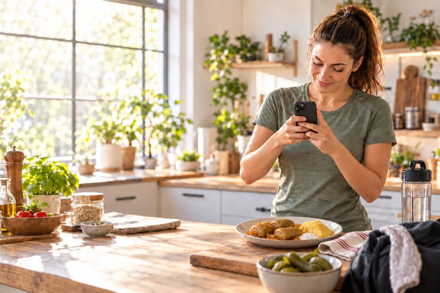 A woman photographs her lunch with her phone: cabbage rolls with polenta and sour cream